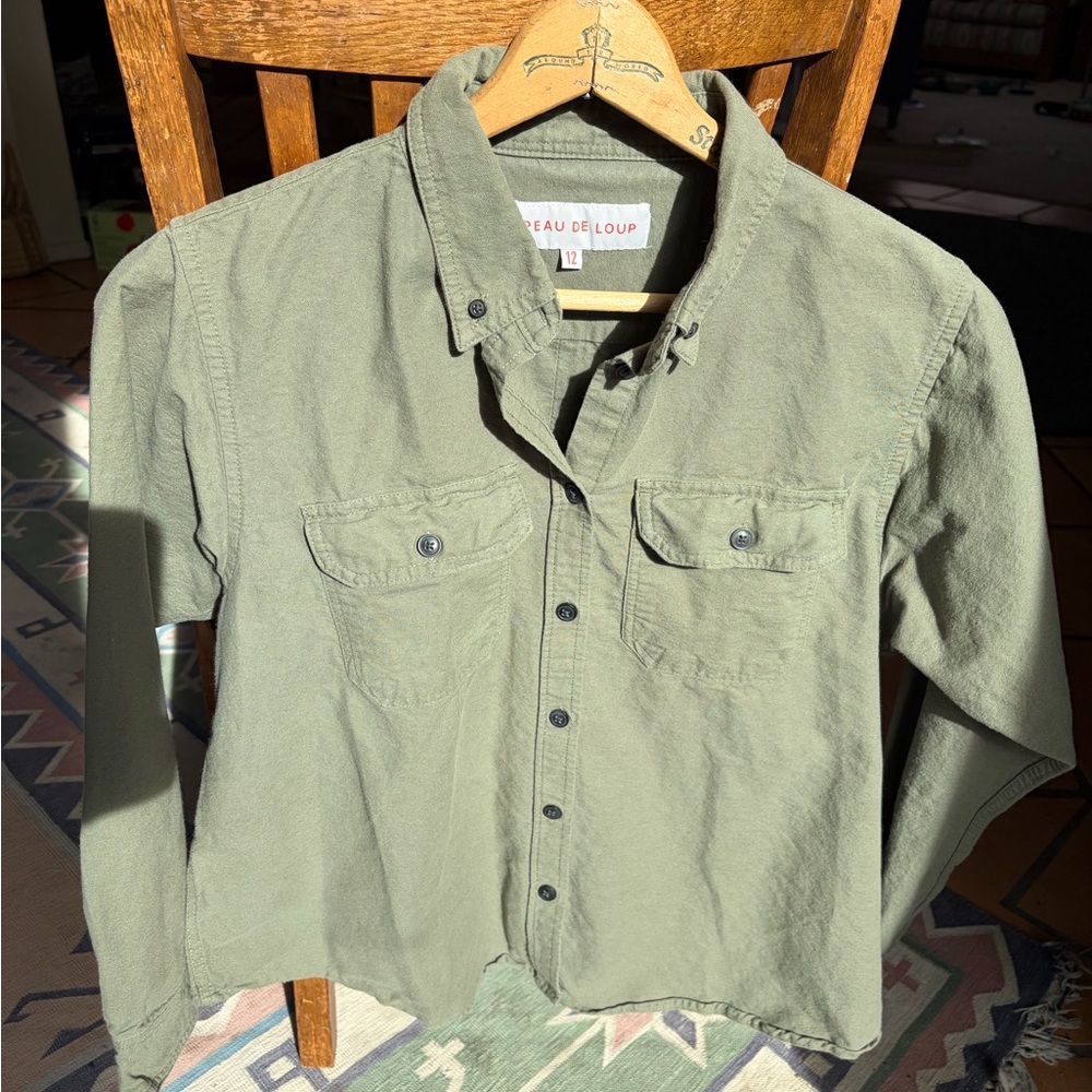 Peau de Loup gender neutral long sleeve button up, in olive green, 100% cotton